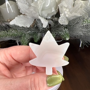 Puede incluir: Un portavelas blanco, esmerilado, en forma de hoja de arce. El portavelas está hecho de un material translúcido y tiene un acabado liso y pulido.
