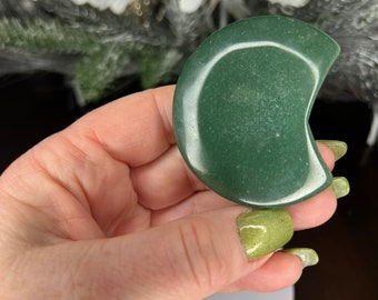 Green Aventurine Crystal Moon Carving in Floating Display Case