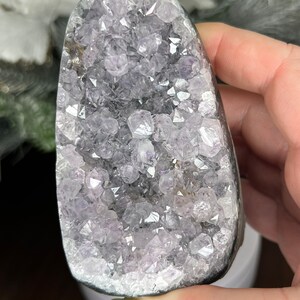 Könnte beinhalten: Eine polierte Amethyst-Geode mit dunkelgrauer Außenseite und kristallinem Inneren. Das Innere weist Cluster aus kleinen, hellvioletten Kristallen auf. Die Geode wird in einer Hand gehalten, mit unscharfem Hintergrund.
