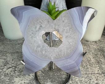 Banded Icy Blue Agate Portal Butterfly Carving (stand included)