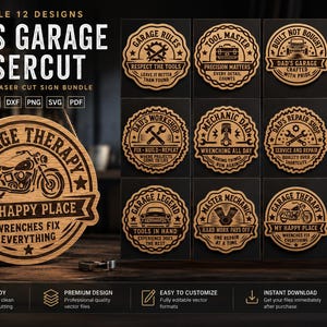 May include: A digital bundle of 12 laser-cut sign designs featuring garage and mechanic themes. The designs include circular wooden plaques with text and icons like motorcycles, tools, and cars, presented as vector files for laser cutting projects.