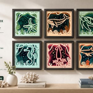 Peut inclure: Six œuvres d'art carrées en papier découpé en couches 3D représentant la vie marine, notamment une étoile de mer, une baleine, une tortue de mer, un hippocampe, un calmar et un requin. Chaque pièce présente des découpes et une profondeur.