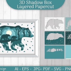 Corte de papel em camadas de caixa de sombra Bear 3D