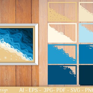 May include: A digital design of a beach scene with blue ocean waves, white foam, and yellow sand. The design is divided into eight sections, each showing a different layer of the scene. The design is perfect for creating layered paper crafts.