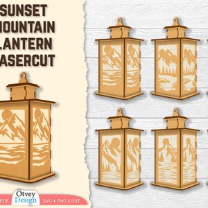 May include: Wooden lanterns with mountain and sunset designs, laser cut for a decorative effect. The lanterns feature a rectangular shape with a top and base, and the sides are cut out to reveal the mountain and sunset scenes. The text "SUNSET MOUNTAIN LANTERN LASERCUT" is visible.