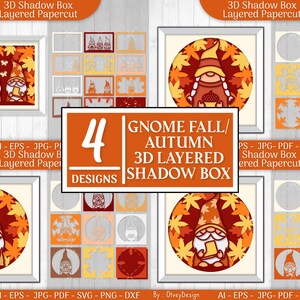 May include: Four digital designs for 3D layered shadow boxes featuring gnomes in autumnal settings. The designs include gnomes with pumpkins, acorns, and a book. The text "Gnome Fall/Autumn 3D Layered Shadow Box" is displayed in the center of the image.