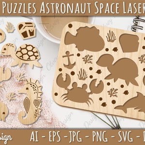 May include: A wooden puzzle set with a nautical theme. The puzzle pieces include a crab, a seahorse, a turtle, a fish, a dolphin, and an anchor. The puzzle pieces are laser cut and ready to be assembled.