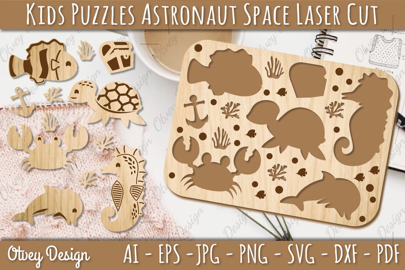 May include: A wooden puzzle set with a nautical theme. The puzzle pieces include a crab, a seahorse, a turtle, a fish, a dolphin, and an anchor. The puzzle pieces are laser cut and ready to be assembled.
