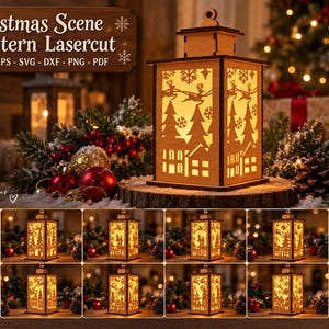 Puede incluir: Un conjunto de archivos digitales para una linterna de escena navideña, con 12 diseños únicos cortados con láser. La imagen principal muestra una linterna de madera con un interior brillante, con siluetas de renos, pinos y copos de nieve.