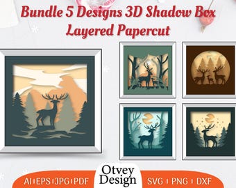 May include: A bundle of five 3D shadow box designs with layered papercut art. Each framed design features a deer silhouette in a forest or mountain scene. The text "Bundle 5 Designs 3D Shadow Box Layered Papercut" is at the top.