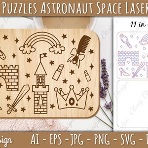 May include: A laser cut wooden puzzle featuring a princess theme. The puzzle includes a castle, a crown, a sword, a rainbow, a comb, lipstick, and a glass slipper. The puzzle is 11 inches by 8 inches.