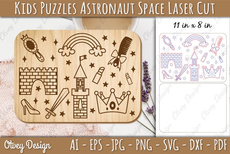 May include: A laser cut wooden puzzle featuring a princess theme. The puzzle includes a castle, a crown, a sword, a rainbow, a comb, lipstick, and a glass slipper. The puzzle is 11 inches by 8 inches.
