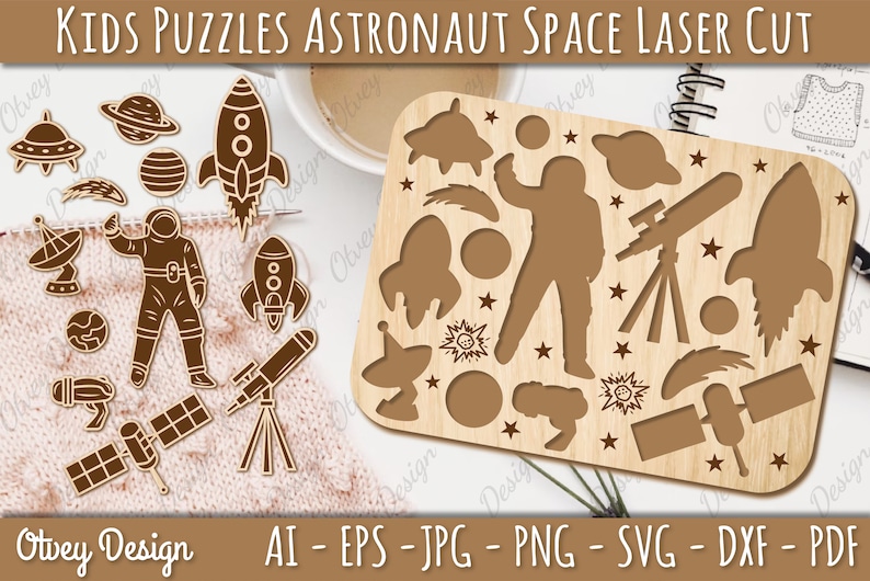 May include: A laser cut wooden puzzle featuring an astronaut, rockets, a telescope, a satellite, and other space-themed elements. The puzzle pieces are designed to fit together to create a complete image. The puzzle is perfect for kids who love space.