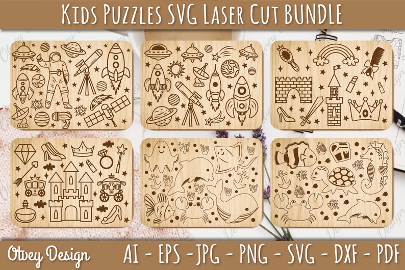 May include: Set of six black and white SVG laser cut puzzle designs for kids. The designs include space, princess, ocean, and other themes. The designs are perfect for creating personalized wooden puzzles.