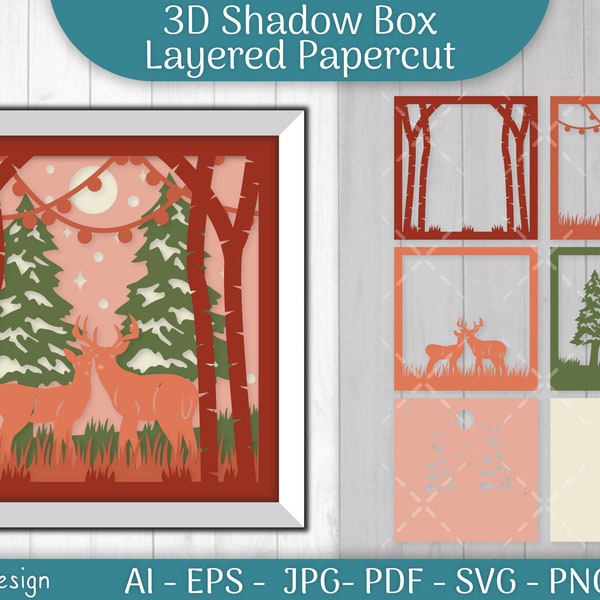 Christmas Deer Couple 3D Shadow Box Layered Papercut SVG