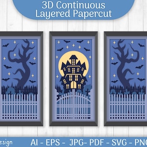 Può includere: Un design di carta tagliata a strati 3D di una casa infestata spettrale con luna piena, pipistrelli e una recinzione. Il design è in tonalità di blu, nero e bianco.