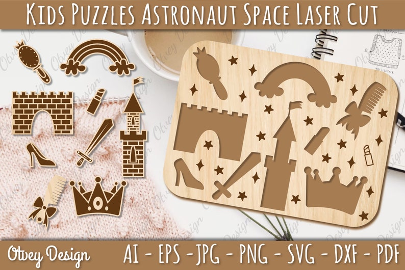 May include: A laser cut wooden puzzle featuring a castle, a rainbow, a crown, a sword, a comb, a shoe, and a mirror. The puzzle pieces are designed to fit together to create a complete picture. The puzzle is perfect for kids who love to play and learn.