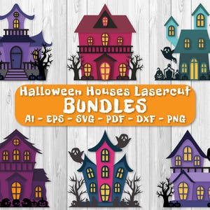May include: A collection of colorful Halloween-themed laser-cut house designs. The houses are in various colors, including purple, pink, and teal, with spooky details like ghosts, trees, and jack-o'-lanterns. The image includes the text "Halloween Houses Lasercut BUNDLES".