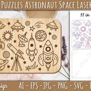 May include: A laser cut wooden puzzle featuring an astronaut, rockets, planets, stars, and a telescope. The puzzle is 11 inches by 8 inches.