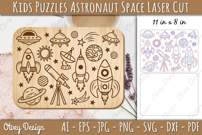 May include: A laser cut wooden puzzle featuring an astronaut, rockets, planets, stars, and a telescope. The puzzle is 11 inches by 8 inches.