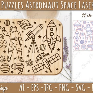 May include: A black and white line art illustration of an astronaut, rocket, telescope, satellite, and other space-themed objects. The image is on a wooden background and is 11 inches by 8 inches. The image is for laser cutting.