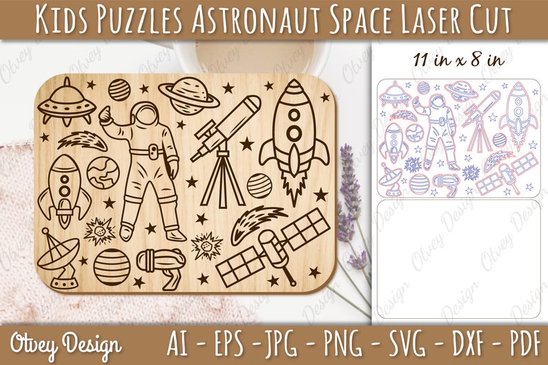 May include: A black and white line art illustration of an astronaut, rocket, telescope, satellite, and other space-themed objects. The image is on a wooden background and is 11 inches by 8 inches. The image is for laser cutting.