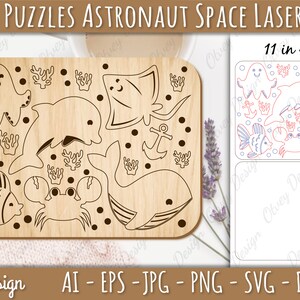 May include: A wooden puzzle featuring a variety of sea creatures, including a whale, a crab, a fish, a stingray, a dolphin, and an octopus. The puzzle is designed for kids and is 11 inches by 8 inches.