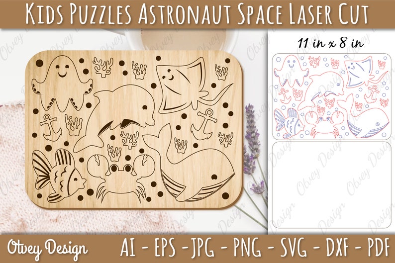 May include: A wooden puzzle featuring a variety of sea creatures, including a whale, a crab, a fish, a stingray, a dolphin, and an octopus. The puzzle is designed for kids and is 11 inches by 8 inches.