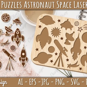 May include: A laser cut wooden puzzle featuring an astronaut theme. The puzzle includes a rocket, planets, stars, a telescope, and a satellite. The puzzle is designed for kids and is perfect for educational play.