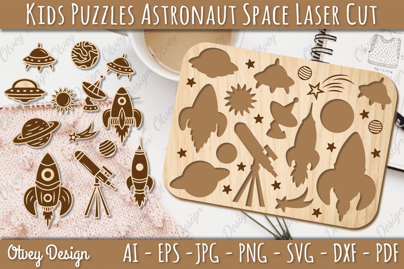 May include: A laser cut wooden puzzle featuring an astronaut theme. The puzzle includes a rocket, planets, stars, a telescope, and a satellite. The puzzle is designed for kids and is perfect for educational play.