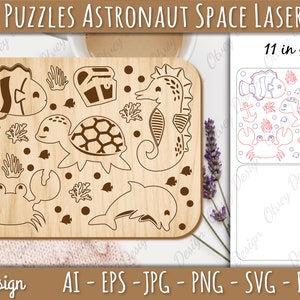 May include: A laser cut wooden puzzle featuring a seahorse, turtle, crab, fish, and dolphin. The puzzle is 11 inches by 8 inches and is designed for kids. The puzzle pieces are outlined in red and blue on a white background.