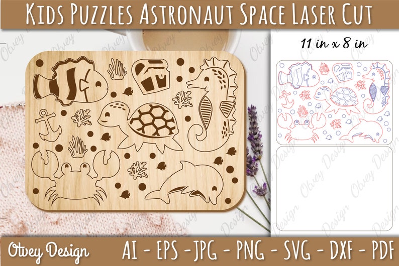 May include: A laser cut wooden puzzle featuring a seahorse, turtle, crab, fish, and dolphin. The puzzle is 11 inches by 8 inches and is designed for kids. The puzzle pieces are outlined in red and blue on a white background.
