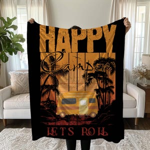 Glückliche Camper Decke Geschenk für Camping-Fan Vintage-Stil Outdoor-Liebhaber Geschenk, Camping im Freien Abenteuer Geschenk für Freund oder geliebte Menschen