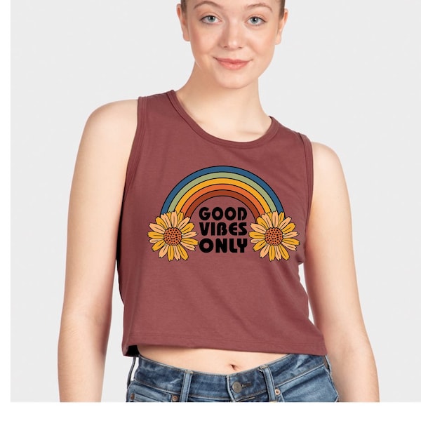 Good Vibes Only - Rainbow Sunflower - Cropped Tank Top - Paprika Color
