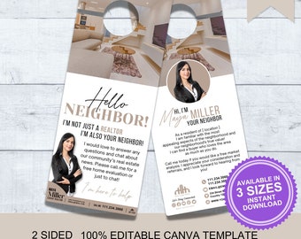 Real Estate Door Hangers Canva, Realtor Door Hangers, Realtor Door Knocking, Real Estate Farming, Real Estate Door Tag, Neighborhood Flyer