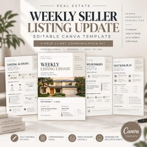 Puede incluir: Un kit de plantilla de Canva de cuatro páginas para actualizaciones semanales de listados inmobiliarios. Los documentos incluyen texto en negro y beige, una fotografía de una casa y secciones para actividad, análisis y planes.