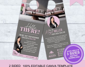 Real Estate Door Hangers Canva, Realtor Door Hangers, Realtor Door Knocking, Real Estate Farming, Real Estate Door Tag, Neighborhood Flyer