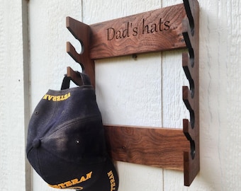 Solid Walnut Hat Rack for Wall: Baseball Cap Holder, Engraved Option