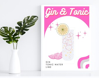 Könnte beinhalten: Ein gerahmter Druck mit den Worten "Gin & Tonic" in einer Retro-Schriftart. Die Illustration zeigt ein Cocktailglas mit Eiswürfeln, einer Limettenscheibe und rosa Limettenkeilen. Links befindet sich eine weiße Vase mit grünen Blättern.