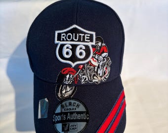 Route 66 Navy Baseball Hat With Motorcycle
