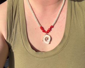 Pearl and red bead beaded necklace with shell charm, beaded jewelry, handmade jewelry, summer jewelry, summer shell necklace, statement