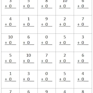Puede incluir: Una hoja de trabajo blanca con una cuadrícula de problemas de suma. Cada problema suma un número de un solo dígito a cero. Una círculo con la letra "A" está en la esquina superior derecha. Para la práctica temprana de matemáticas.