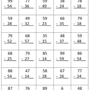 May include: A worksheet with subtraction problems arranged in a grid. Each cell contains a two-digit number minus another two-digit number, with a line for the answer. The top right corner has a circle with the letter "A".