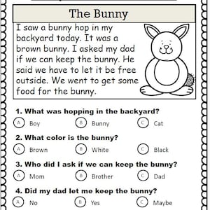 May include: A black and white worksheet labelled "Comprehension Practice" featuring a cartoon bunny and the text "The Bunny". The worksheet contains a short story and multiple-choice questions to test comprehension.