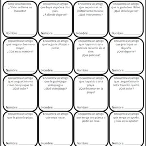 Op de afbeelding: Een zwart-wit werkblad getiteld "ENCUENTRA A ALGUIEN QUE..." met invulvragen over het vinden van vrienden. Bevat illustraties van kinderen, een hond en een hart met ogen.