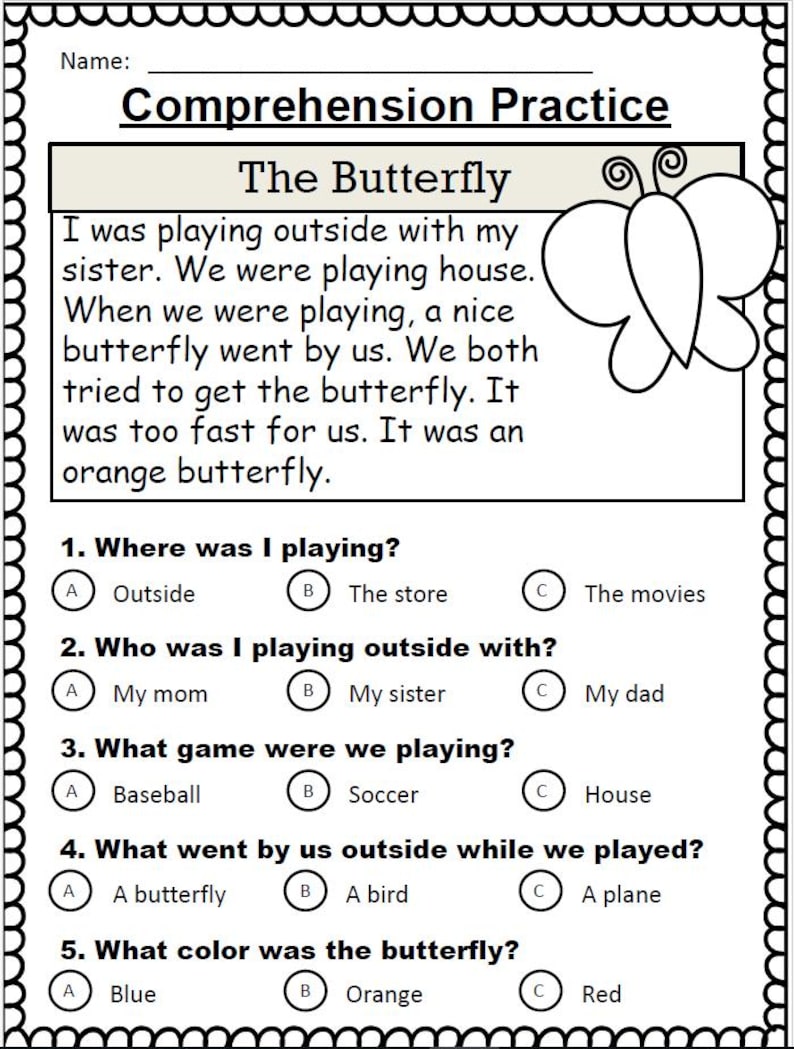 May include: A black and white worksheet titled "Comprehension Practice" with a butterfly graphic. The text includes a short story about a butterfly and multiple-choice questions about the story.