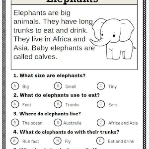 May include: A black and white worksheet labelled "Elephants" featuring a cartoon elephant. The text describes elephants, their diet, and habitat. Multiple-choice questions test comprehension of the text.
