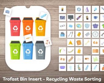 May include: Printable template for a recycling sorting game. The template features six colorful bins labeled with different waste categories: e-waste, metal, plastic, glass, paper, and organic. There are 48 individual cards with images of various items to be sorted into the correct bins.