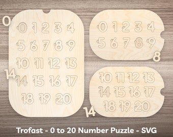 May include: A wooden number puzzle for children, featuring numbers 0 to 20 in a Trofast-compatible design. The puzzle is made of natural wood and is designed for laser cutting.