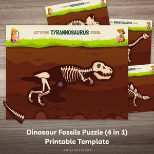 Puzzle con fossili di dinosauro per bambini Gioco di abbinamento stampabile Dino Scheletro Osso Anatomia Attività Bambino in età prescolare Scuola domiciliare Foglio di lavoro con libro occupato